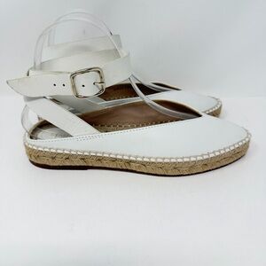 Stuart Weitzman Toga Leather Espadrille Flat Ankle Wrap White Size 6 WIDE